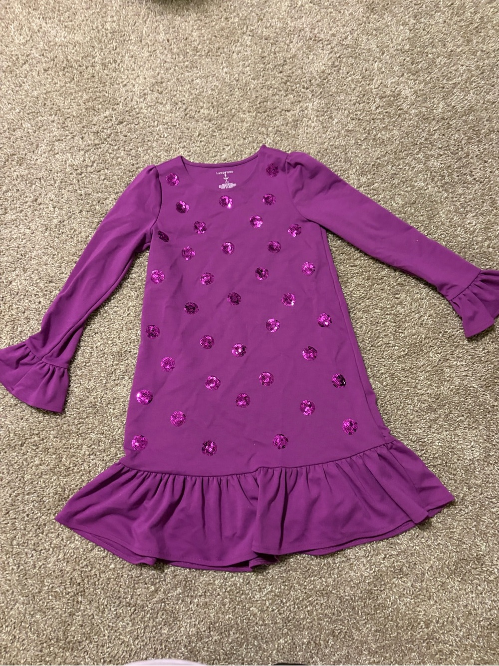 Lands end Purple Polka Sequin Long Sleeve Ruffle Hem Girls Dress Size Small